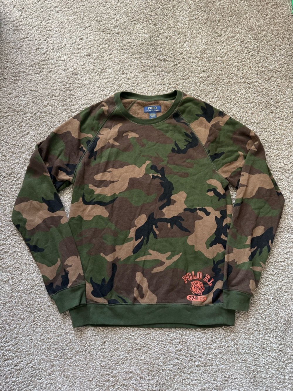 Polo Ralph Lauren Men's Green Camo RL Tiger Logo Fleece Lined Lounge Sweatshirt